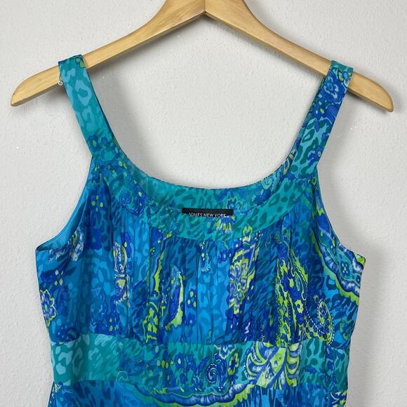 Jones New York Maxi Dress 10 Blue Green Paisley Y2K Babydoll Sleeveless - Picture 2 of 8